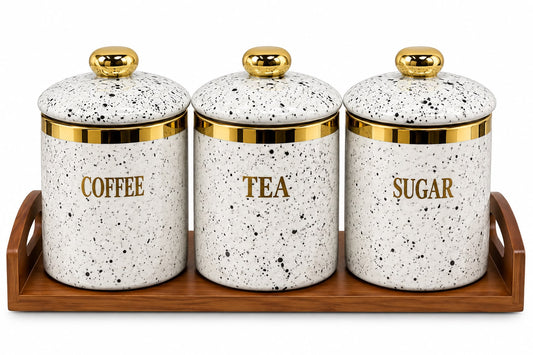 3-Piece White Speckled Coffee, Tea & Sugar Canister Set with Gold Accents, Lids & Wooden Tray