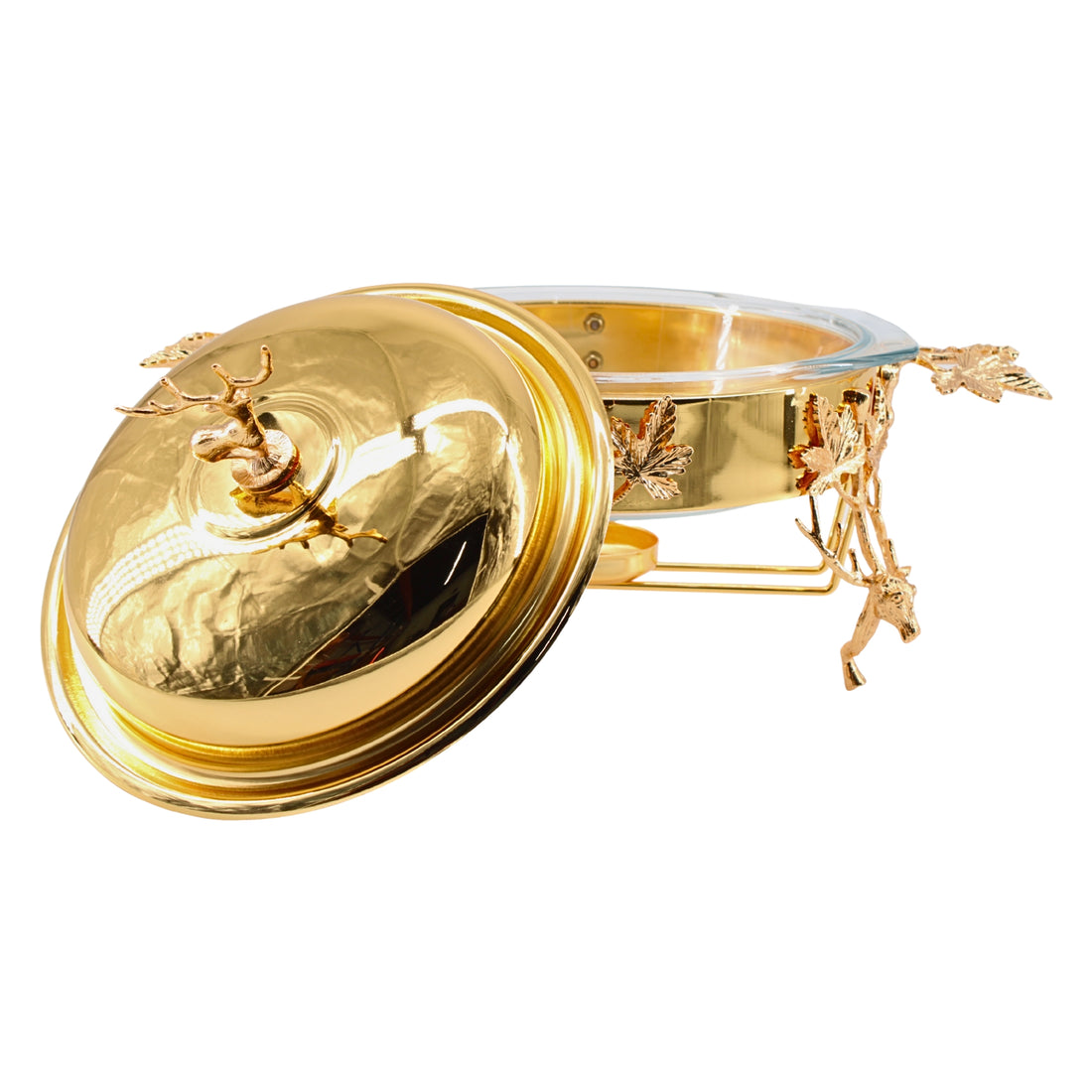 Elegant Gold Chafing Dish with Glass Lid & Deer Handle Accent