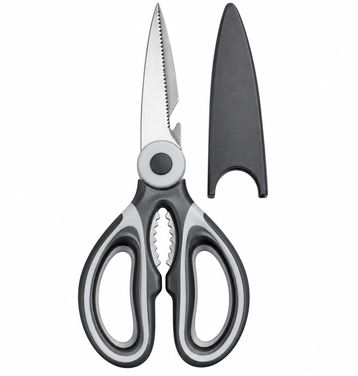 8-Inch Stainless Steel Multi-Purpose Kitchen Scissors with Protective Blade Cover – Black & Gray