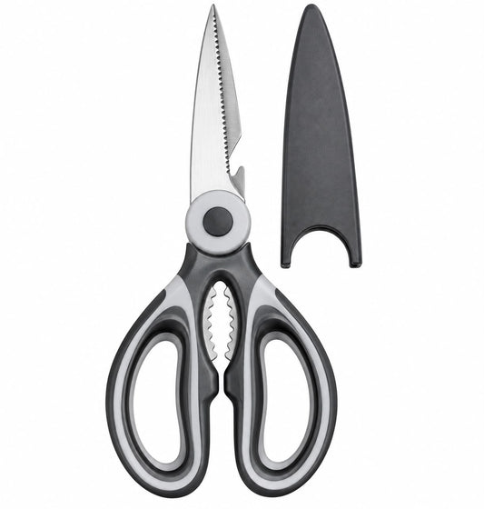 8-Inch Stainless Steel Multi-Purpose Kitchen Scissors with Protective Blade Cover – Black & Gray