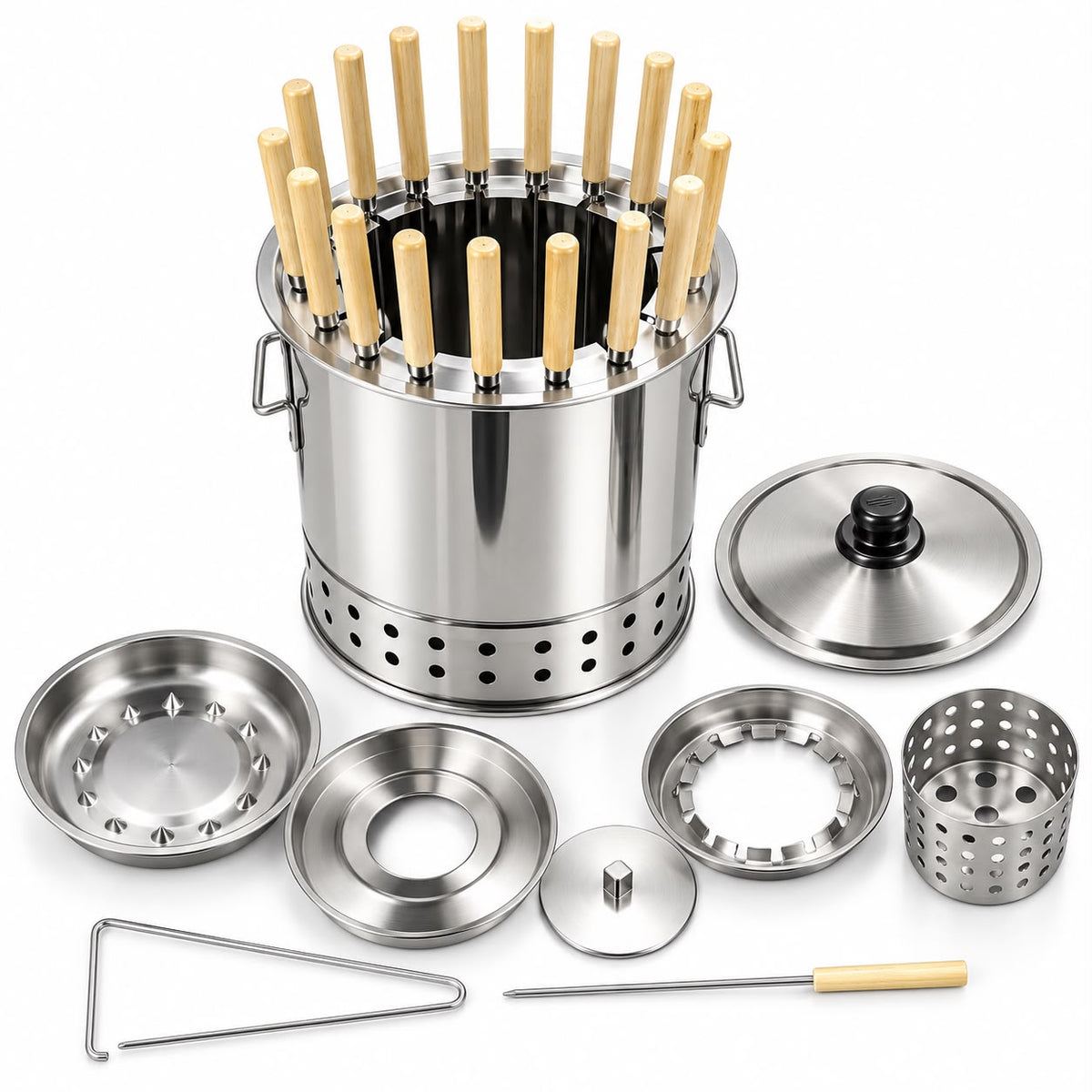 Medium Stainless Steel Charcoal BBQ Grill & Skewer Set – Portable Vertical Kabob Grill with Wooden-Handle Skewers, Lid & Accessories