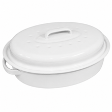 13" Oval Covered Roaster with Metal Grate - Ivory | Oven-Safe Non-Stick Bakeware