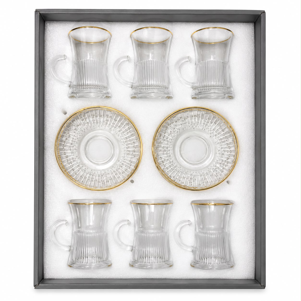Ribbed Glass Turkish Tea Cup and Saucer Set – 12 Pieces with Gold Rim