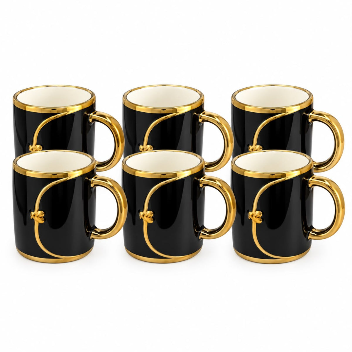 Elegant 6-Piece Black & Gold Coffee Mug Set with Ornamental Gold Design