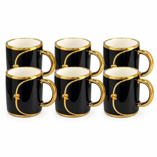 Elegant 6-Piece Black & Gold Coffee Mug Set with Ornamental Gold Design