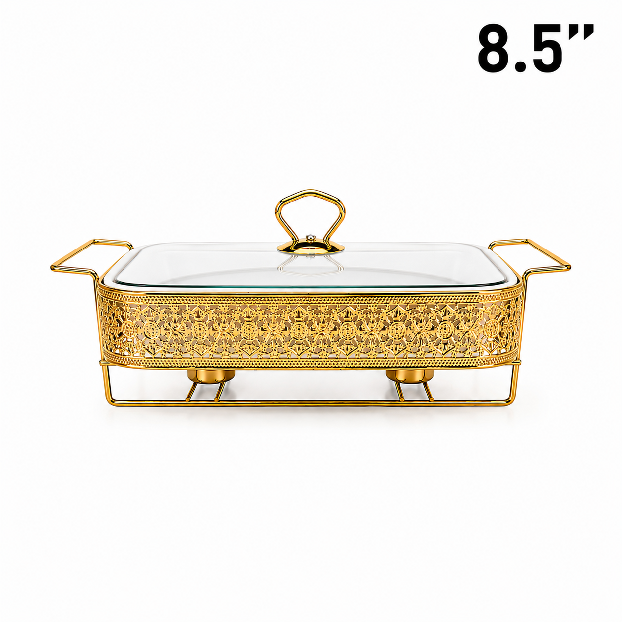 Elegant Floral Pattern Gold Rectangular Serving Dish with Glass Lid and Metal Stand - 8.5"