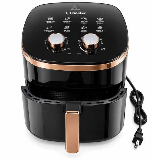 E3-Bester 110V Electric Basket Air Fryer with Dual Manual Controls & Built-In Cooking Guide – Black & Copper