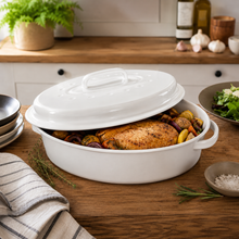 13" Oval Covered Roaster with Metal Grate - Ivory | Oven-Safe Non-Stick Bakeware