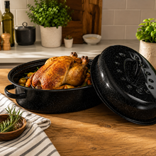 15" Oval Covered Roaster with Metal Grate - Black | Oven-Safe Non-Stick Bakeware