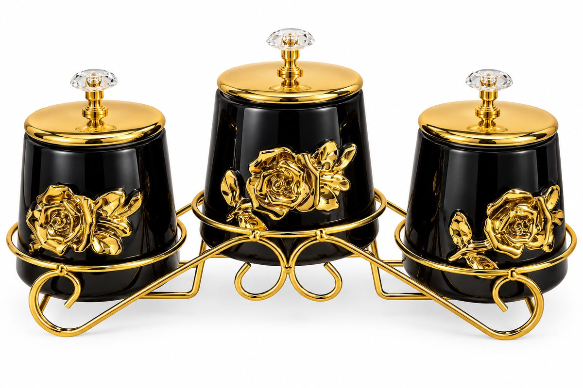 3-Piece Black & Gold Floral Kitchen Canister Set with Decorative Metal Stand & Crystal-Style Lid Knobs