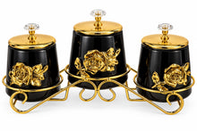 3-Piece Black & Gold Floral Kitchen Canister Set with Decorative Metal Stand & Crystal-Style Lid Knobs