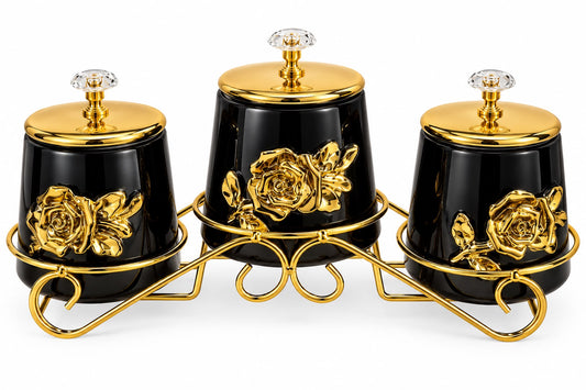 3-Piece Black & Gold Floral Kitchen Canister Set with Decorative Metal Stand & Crystal-Style Lid Knobs