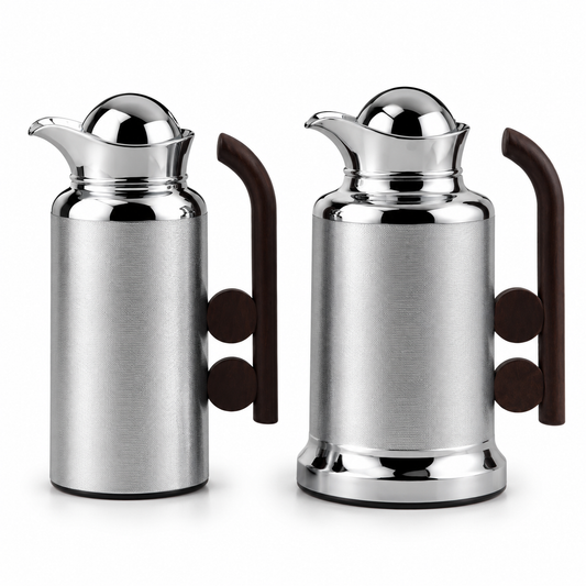 Modern Silver Vacuum Flask Set with Abstract Handle - Silver + Brown