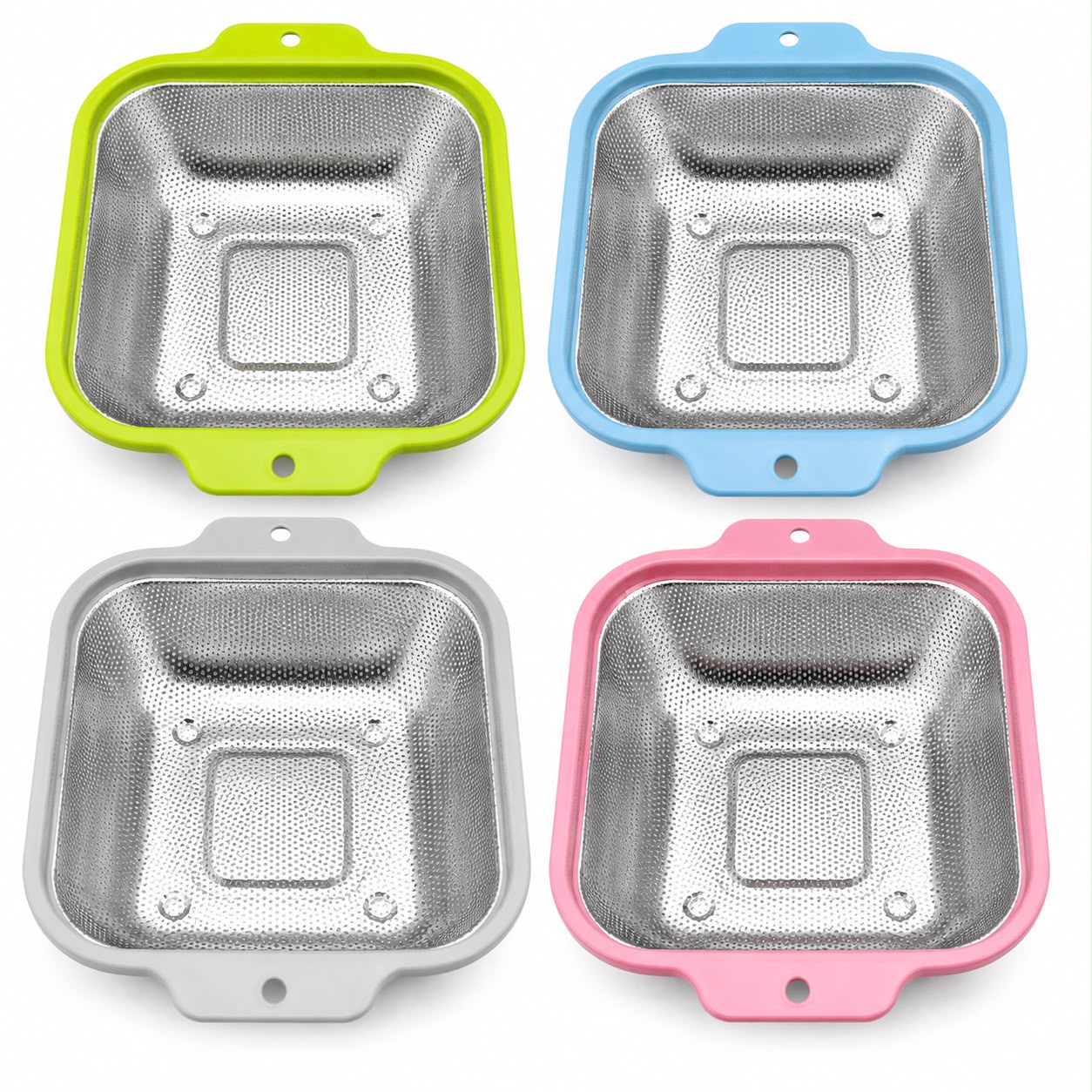 4-Piece-M-Stainless Steel Square Mesh Strainer with Color-Coated Handles – Kitchen Colander for Washing, Draining & Rinsing Fruits and Vegetables