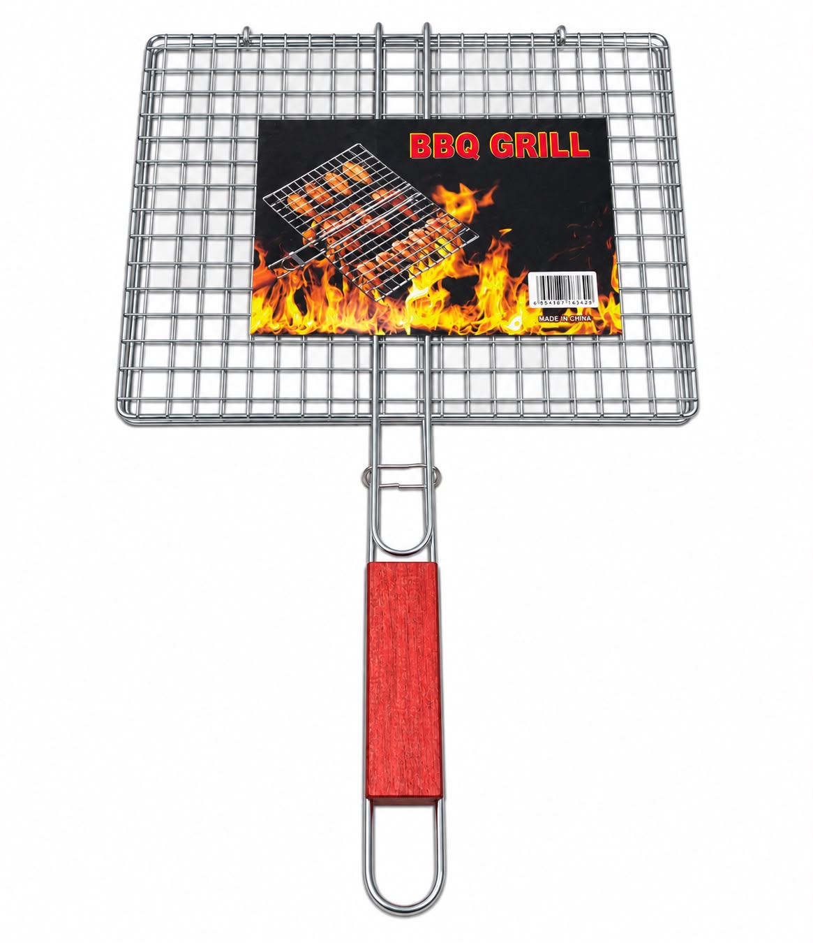 Large Rectangular BBQ Grill Basket with Long Wooden Handle – Wire Mesh Grilling Basket, 17.75" x 11.25"