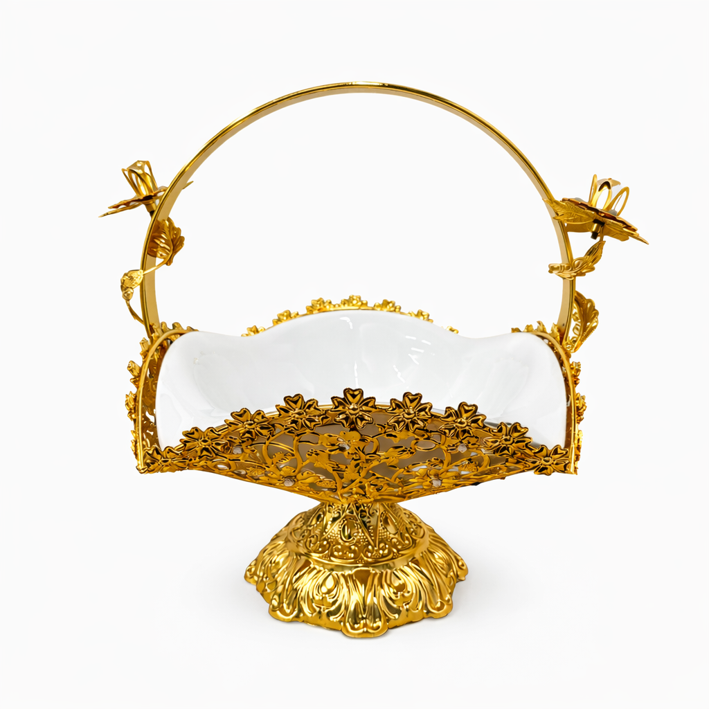Gold Filigree Fruit Basket with Porcelain Bowl and Carry Handle