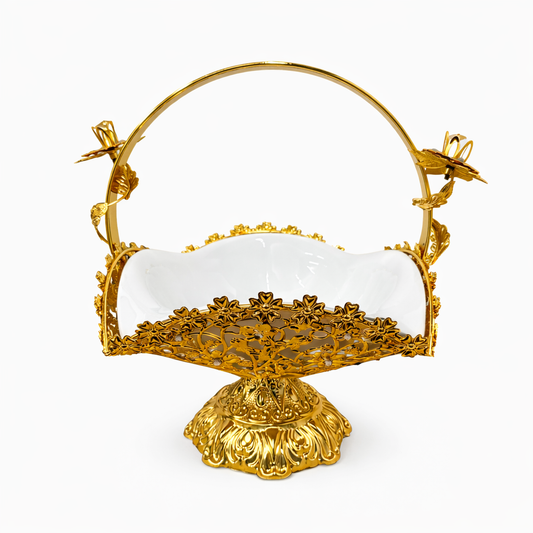 Gold Filigree Fruit Basket with Porcelain Bowl and Carry Handle