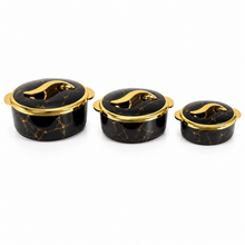 Luxury Black Marble Insulated Hot Pot Serving Bowls with Gold Accented Lid - Set of 3
