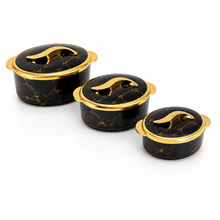 Luxury Black Marble Insulated Hot Pot Serving Bowls with Gold Accented Lid - Set of 3