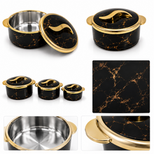 Luxury Black Marble Insulated Hot Pot Serving Bowls with Gold Accented Lid - Set of 3