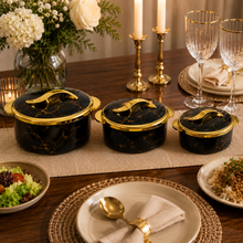 Luxury Black Marble Insulated Hot Pot Serving Bowls with Gold Accented Lid - Set of 3