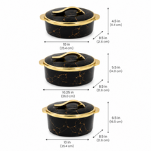Luxury Black Marble Insulated Hot Pot Serving Bowls with Gold Accented Lid - Set of 3