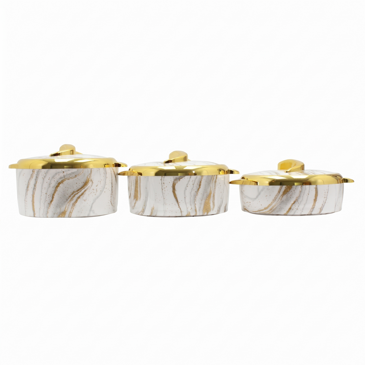 Luxury White Marble Insulated Hot Pot Serving Bowls with Gold Accented Lids - Set of 3