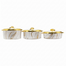 Luxury White Marble Insulated Hot Pot Serving Bowls with Gold Accented Lid - Set of 3
