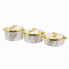 Luxury White Marble Insulated Hot Pot Serving Bowls with Gold Accented Lid - Set of 3