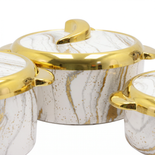 Luxury White Marble Insulated Hot Pot Serving Bowls with Gold Accented Lid - Set of 3