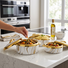 Luxury White Marble Insulated Hot Pot Serving Bowls with Gold Accented Lid - Set of 3