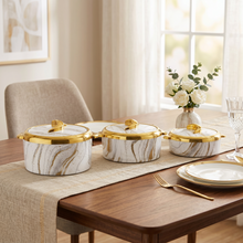 Luxury White Marble Insulated Hot Pot Serving Bowls with Gold Accented Lid - Set of 3