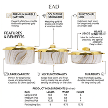 Luxury White Marble Insulated Hot Pot Serving Bowls with Gold Accented Lid - Set of 3