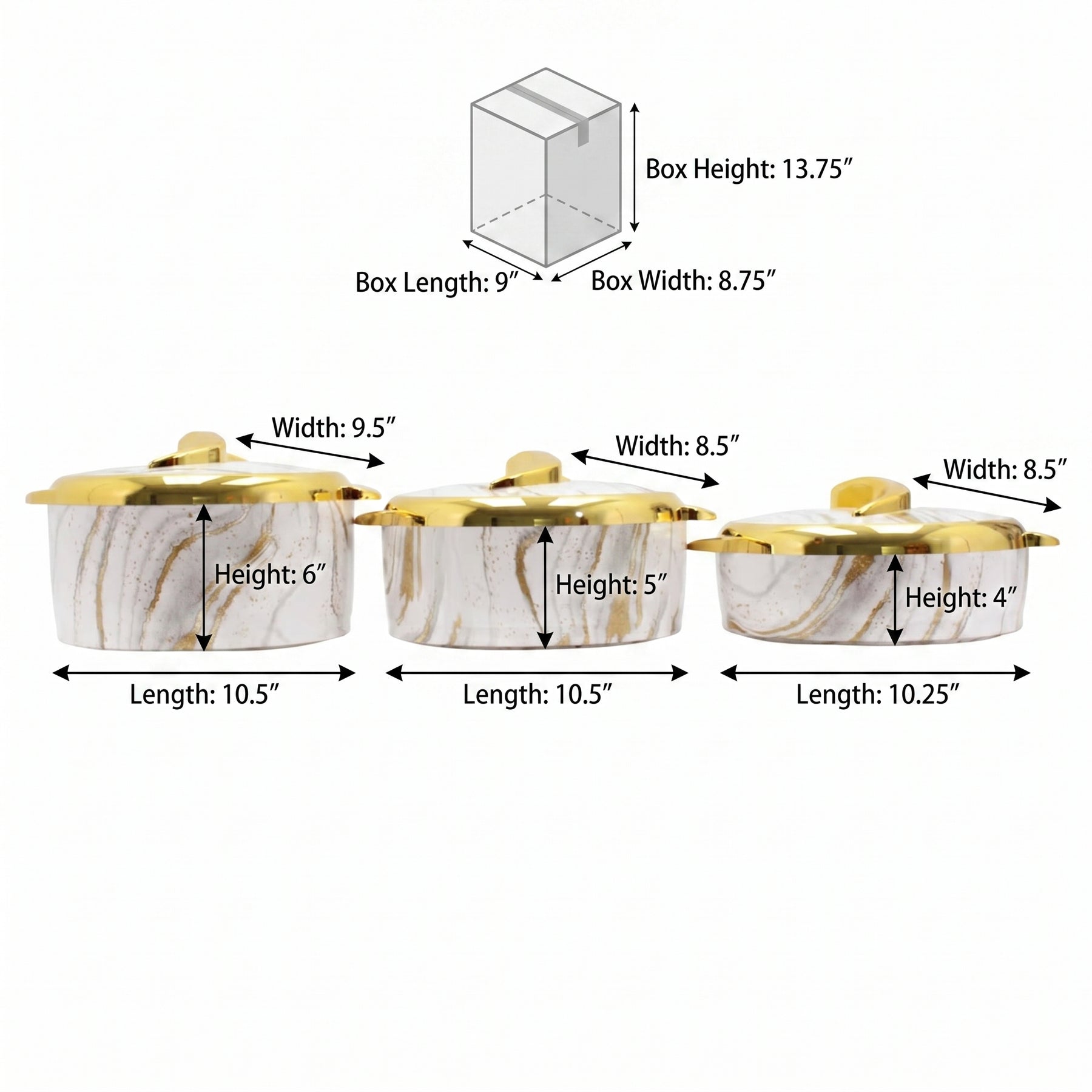 Luxury White Marble Insulated Hot Pot Serving Bowls with Gold Accented Lid - Set of 3