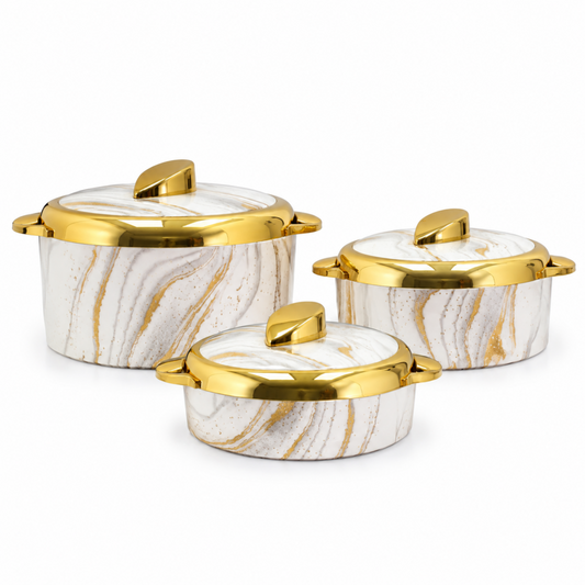 Luxury White Marble Insulated Hot Pot Serving Bowls with Gold Accented Lids - Set of 3