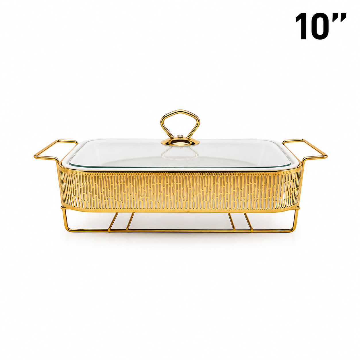 Elegant Stripe Pattern Gold Rectangular Serving Dish with Glass Lid and Metal Stand - 10"