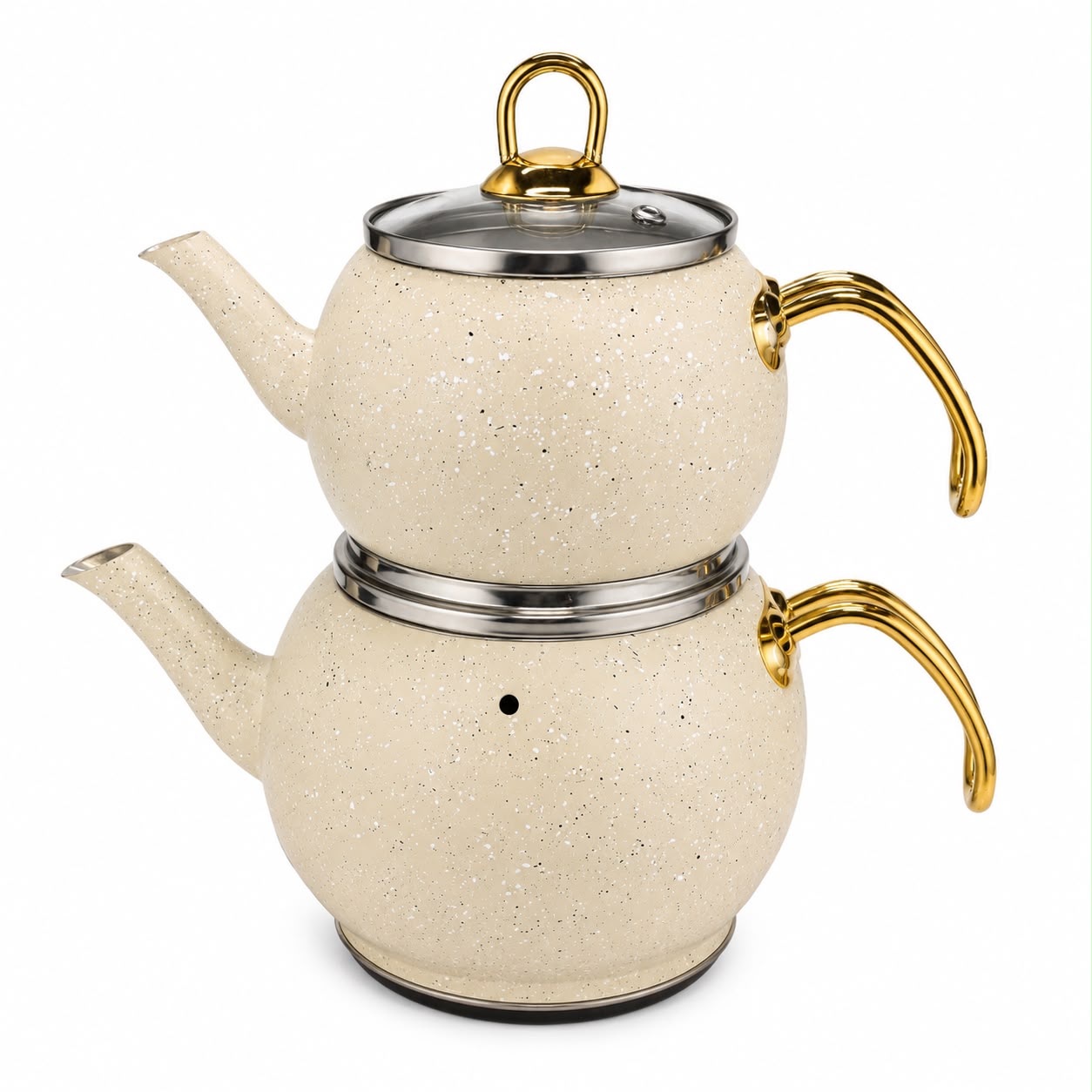 Luxury 2-Piece Cream Speckled Turkish Tea Kettle Set – Stainless Steel with Glass Lid 2 / 1.2 Liter