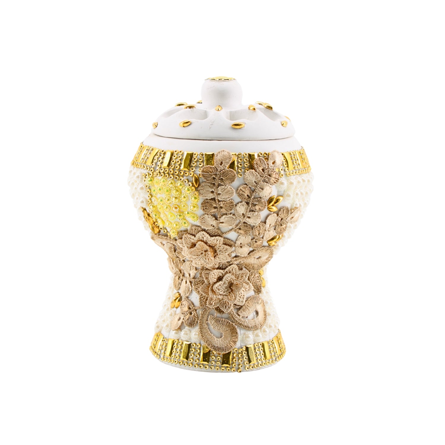 Medium White-Gold Traditional Clay Incense Burner - Beige Abstract Design