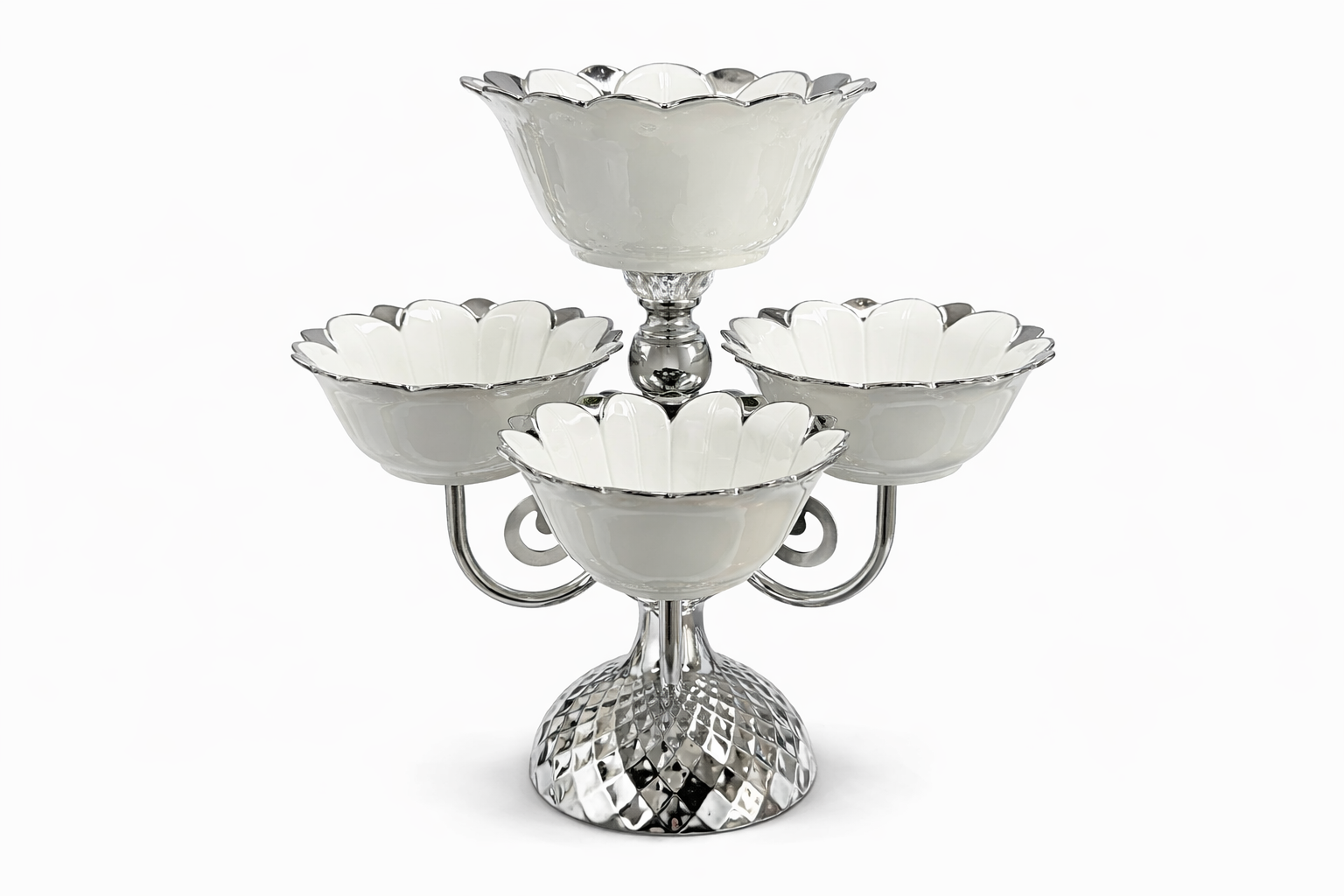 Luxury Silver 6-Bowl Tiered Dessert Stand with Floral Procelain Bowls
