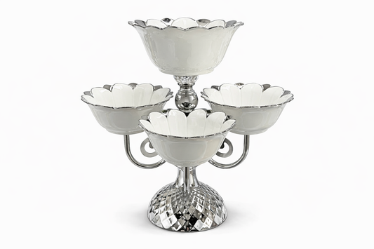 Luxury Silver 6-Bowl Tiered Dessert Stand with Floral Procelain Bowls