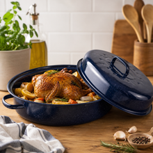 15" Oval Covered Roaster with Metal Grate - Navy Blue | Oven-Safe Non-Stick Bakeware