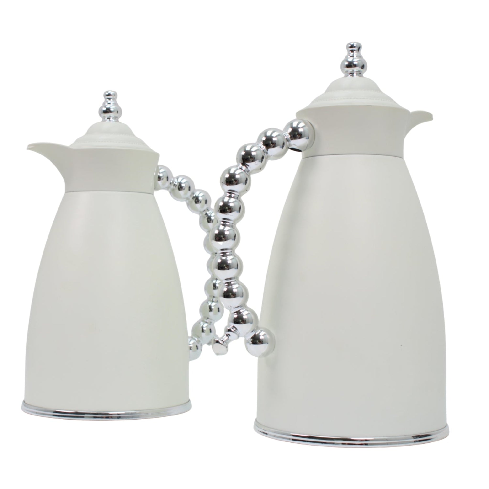 White Arabic Coffee & Tea Dallah Set with Silver Beaded Handle - 0.7L & 1L (2-Piece Set)