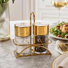 White Marble Design Salt & Pepper Dispenser Set with Gold-Tone Holder