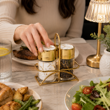 White Marble Design Salt & Pepper Dispenser Set with Gold-Tone Holder