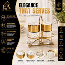 White Marble Design Salt & Pepper Dispenser Set with Gold-Tone Holder