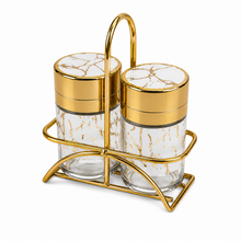 White Marble Design Salt & Pepper Dispenser Set with Gold-Tone Holder