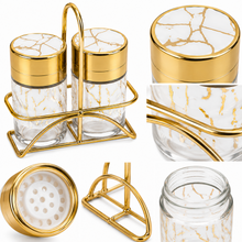 White Marble Design Salt & Pepper Dispenser Set with Gold-Tone Holder