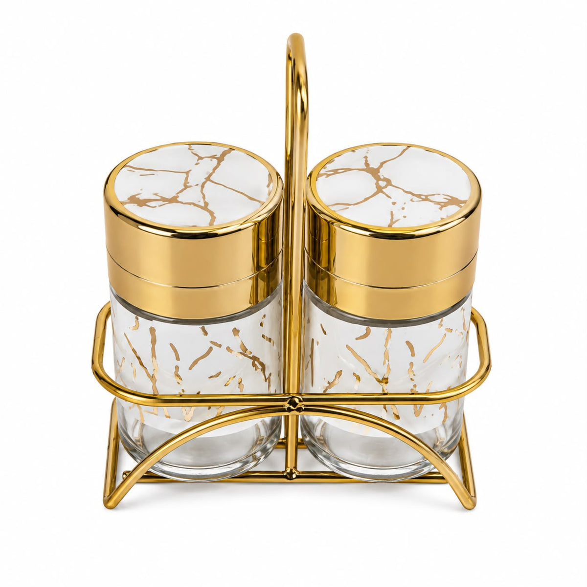 White Marble Design Salt & Pepper Dispenser Set with Gold-Tone Holder