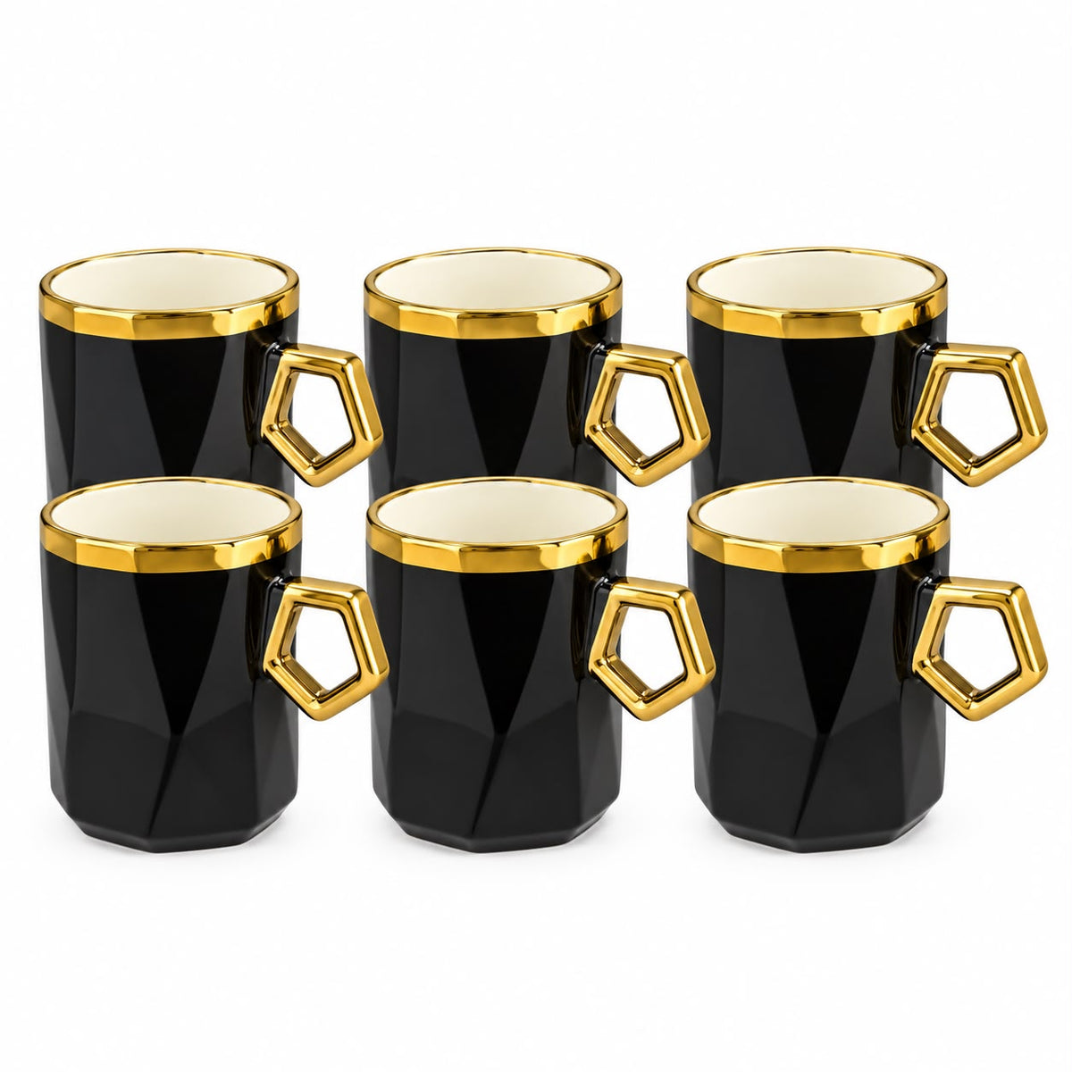 Elegant 6-Piece Black & Gold Faceted Coffee Mug Set with Geometric Handles