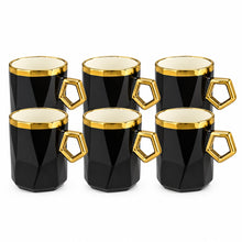 Elegant 6-Piece Black & Gold Faceted Coffee Mug Set with Geometric Handles